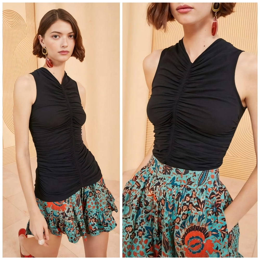 Ulla Johnson Black Ruched V-Neck Sleeveless Tank